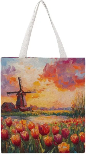Field Of Tulips And Windmill Tote Bag Canvas Handbags Large Shoulder Bag Shopping Grocery Bags for Work Travel Shopping