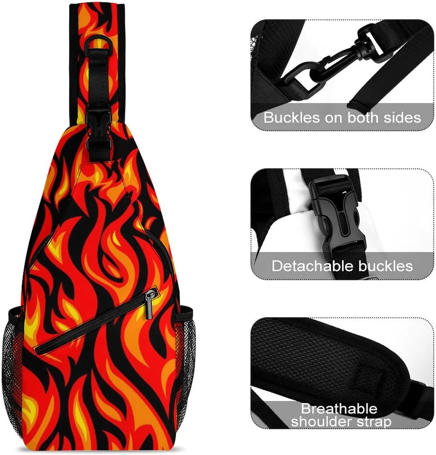Fire Flame Pattern Sling Bag Crossbody for Women Men Lightweight Adjustable Extender Strap Shoulder Backpack with Water Bottle Holder Casual Daypack for Hiking Travel