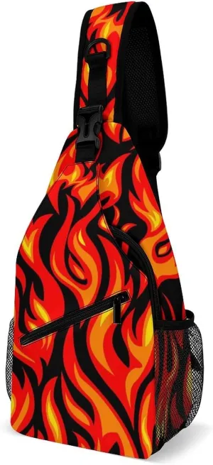 Fire Flame Pattern Sling Bag Crossbody for Women Men Lightweight Adjustable Extender Strap Shoulder Backpack with Water Bottle Holder Casual Daypack for Hiking Travel