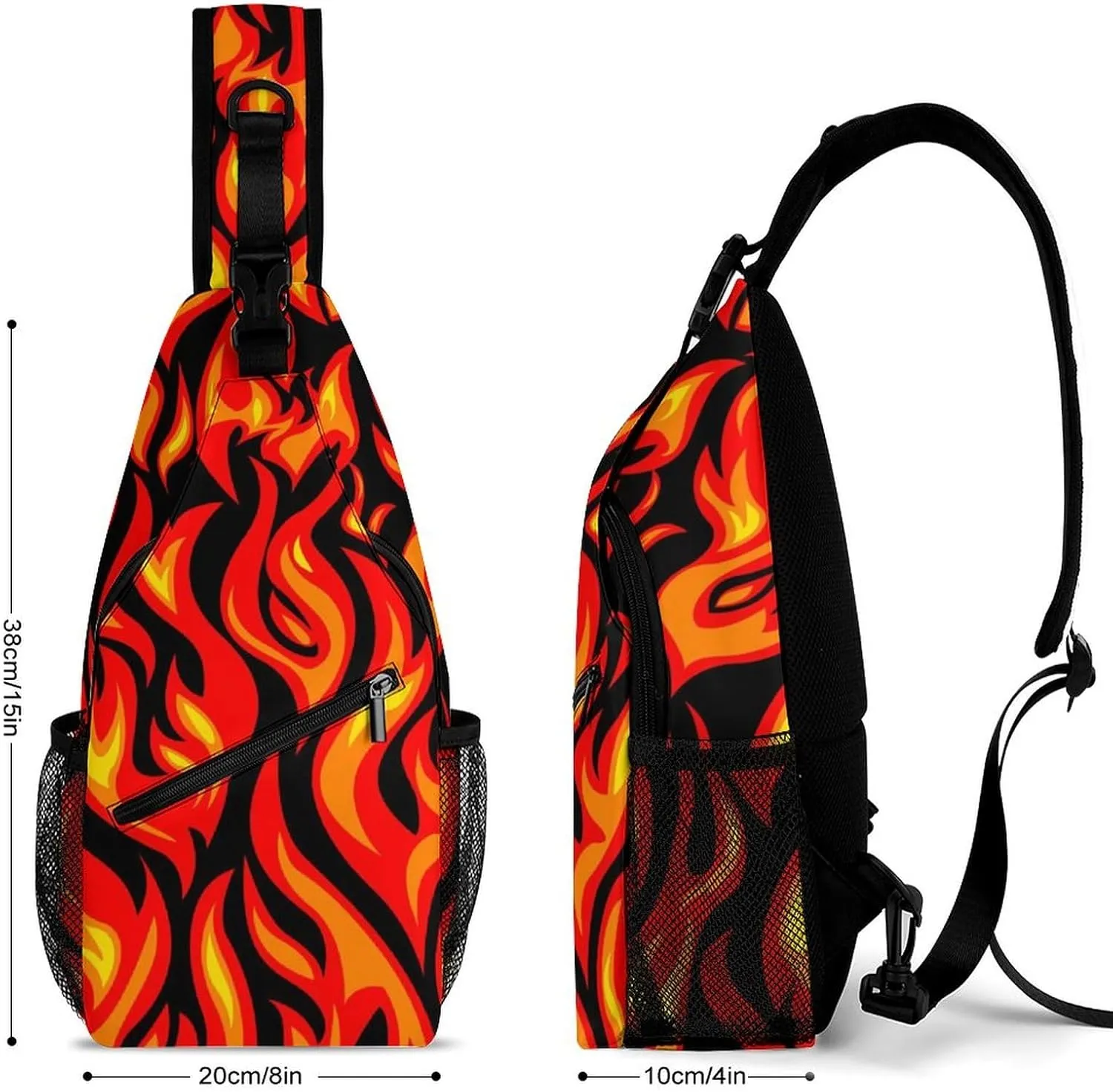 Fire Flame Pattern Sling Bag Crossbody for Women Men Lightweight Adjustable Extender Strap Shoulder Backpack with Water Bottle Holder Casual Daypack for Hiking Travel