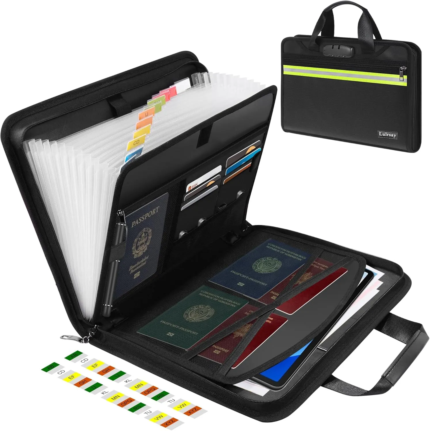 Fireproof Document Bag,Accordion File Organizer, 13 Pocket Expanding File Folder with Lock & Handle,Portable File Folder Organizer with Labels for Documents Laptop Passports Cards Black