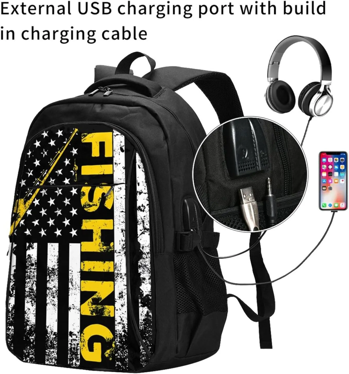 Fish American Flag Fishing Rod Travel Backpack Laptop Backpacks Business Rucksack Outdoor Daypack Large Sport Bag with Luggage Strap USB Charging Port for Hiking Working