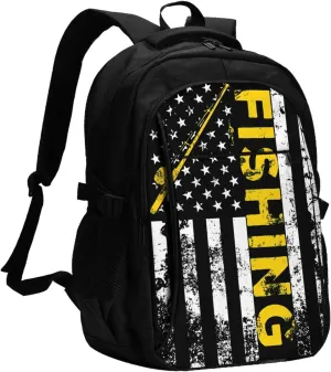 Fish American Flag Fishing Rod Travel Backpack Laptop Backpacks Business Rucksack Outdoor Daypack Large Sport Bag with Luggage Strap USB Charging Port for Hiking Working