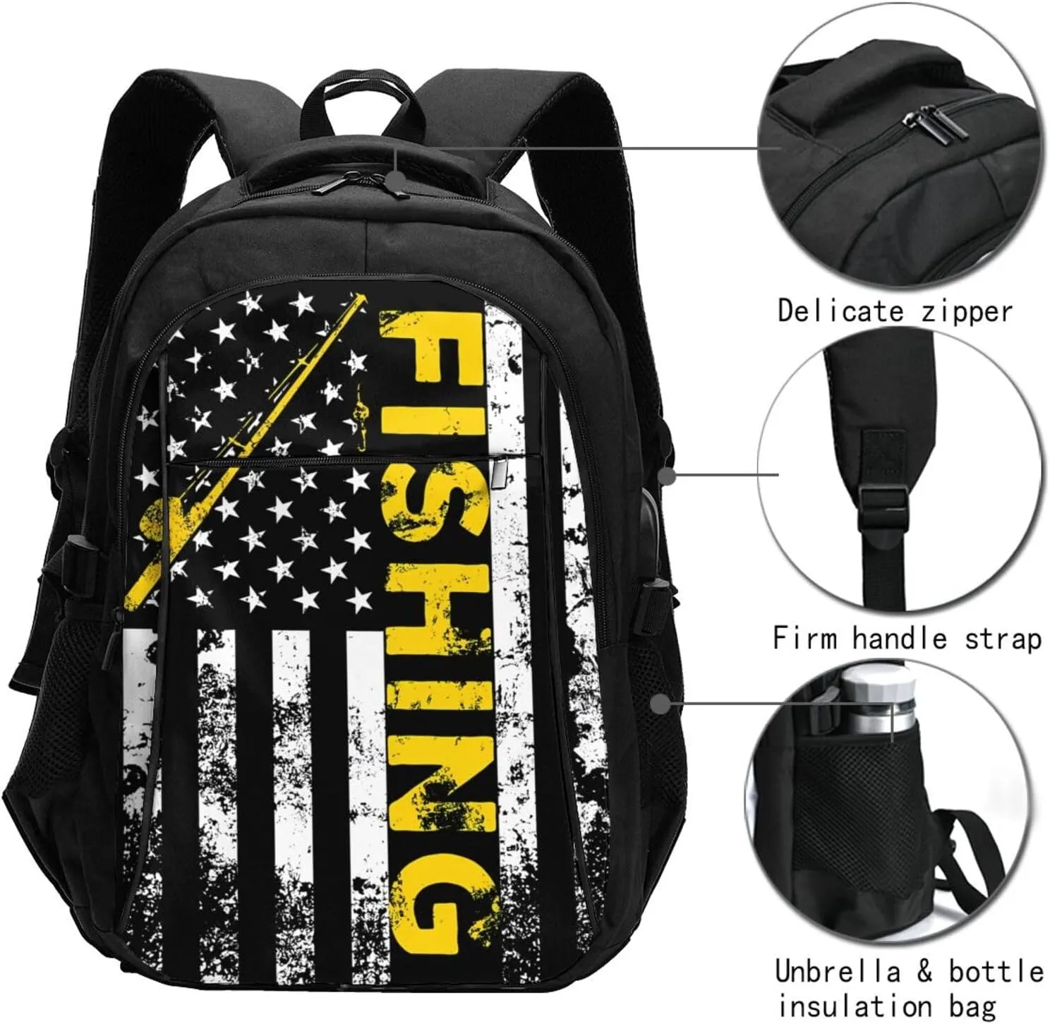 Fish American Flag Fishing Rod Travel Backpack Laptop Backpacks Business Rucksack Outdoor Daypack Large Sport Bag with Luggage Strap USB Charging Port for Hiking Working