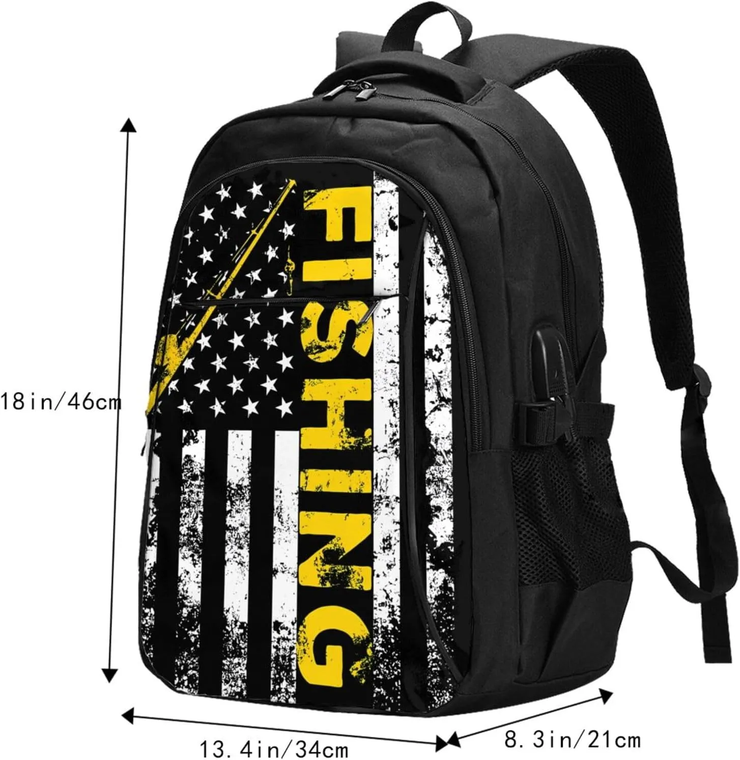 Fish American Flag Fishing Rod Travel Backpack Laptop Backpacks Business Rucksack Outdoor Daypack Large Sport Bag with Luggage Strap USB Charging Port for Hiking Working