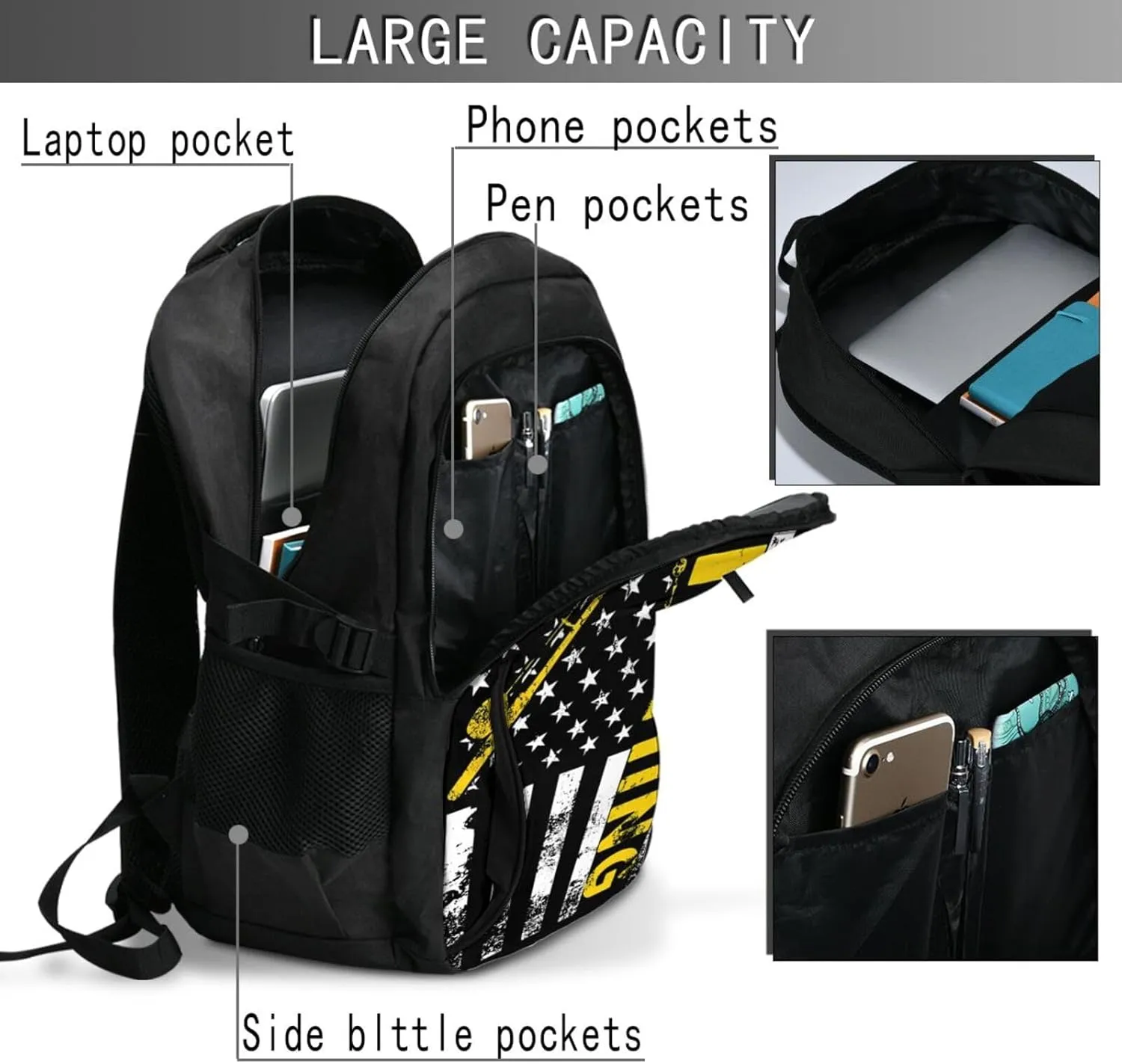 Fish American Flag Fishing Rod Travel Backpack Laptop Backpacks Business Rucksack Outdoor Daypack Large Sport Bag with Luggage Strap USB Charging Port for Hiking Working