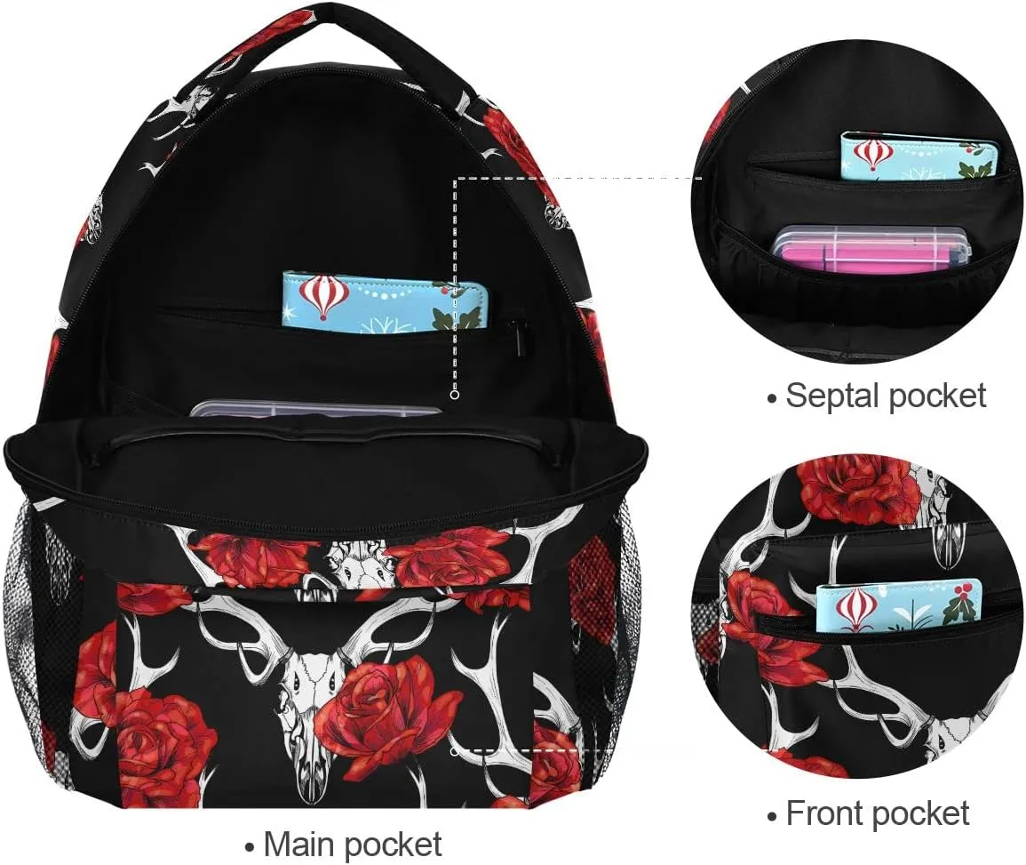 Fisyme Deer Skull Red Roses Backpack Laptop Bag Daypack Travel Hiking School Backpacks for Men Women Kids Girls Boys