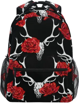 Fisyme Deer Skull Red Roses Backpack Laptop Bag Daypack Travel Hiking School Backpacks for Men Women Kids Girls Boys