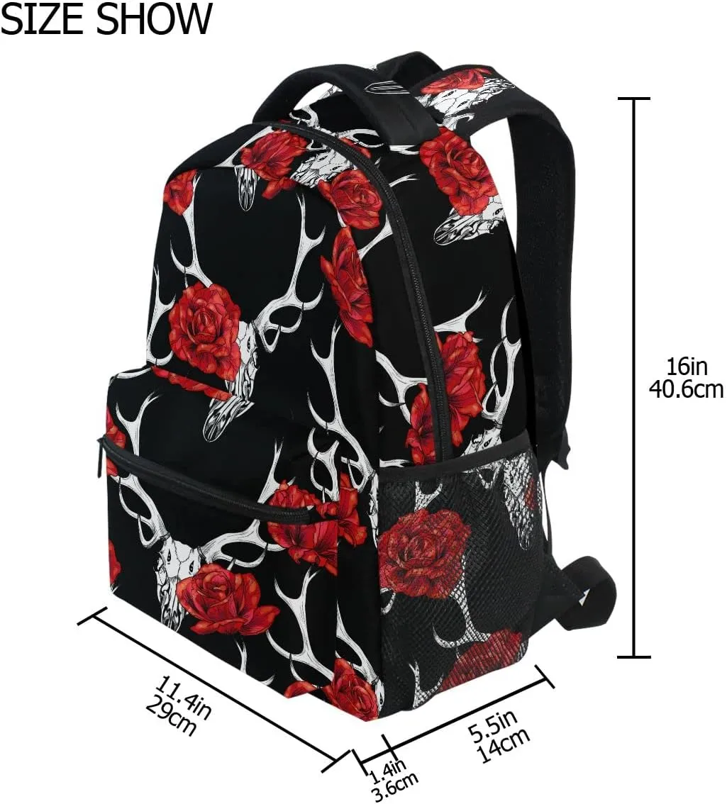 Fisyme Deer Skull Red Roses Backpack Laptop Bag Daypack Travel Hiking School Backpacks for Men Women Kids Girls Boys
