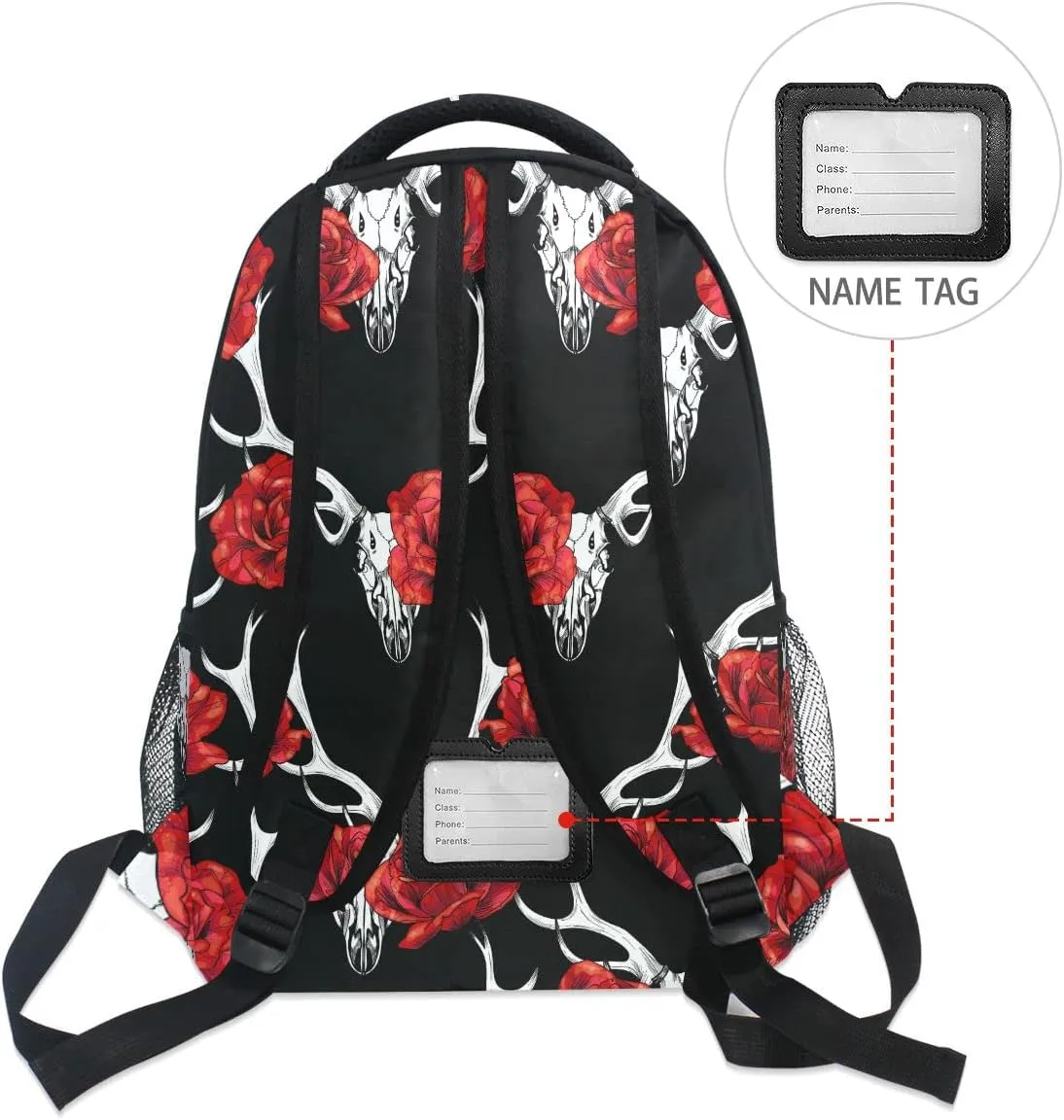 Fisyme Deer Skull Red Roses Backpack Laptop Bag Daypack Travel Hiking School Backpacks for Men Women Kids Girls Boys