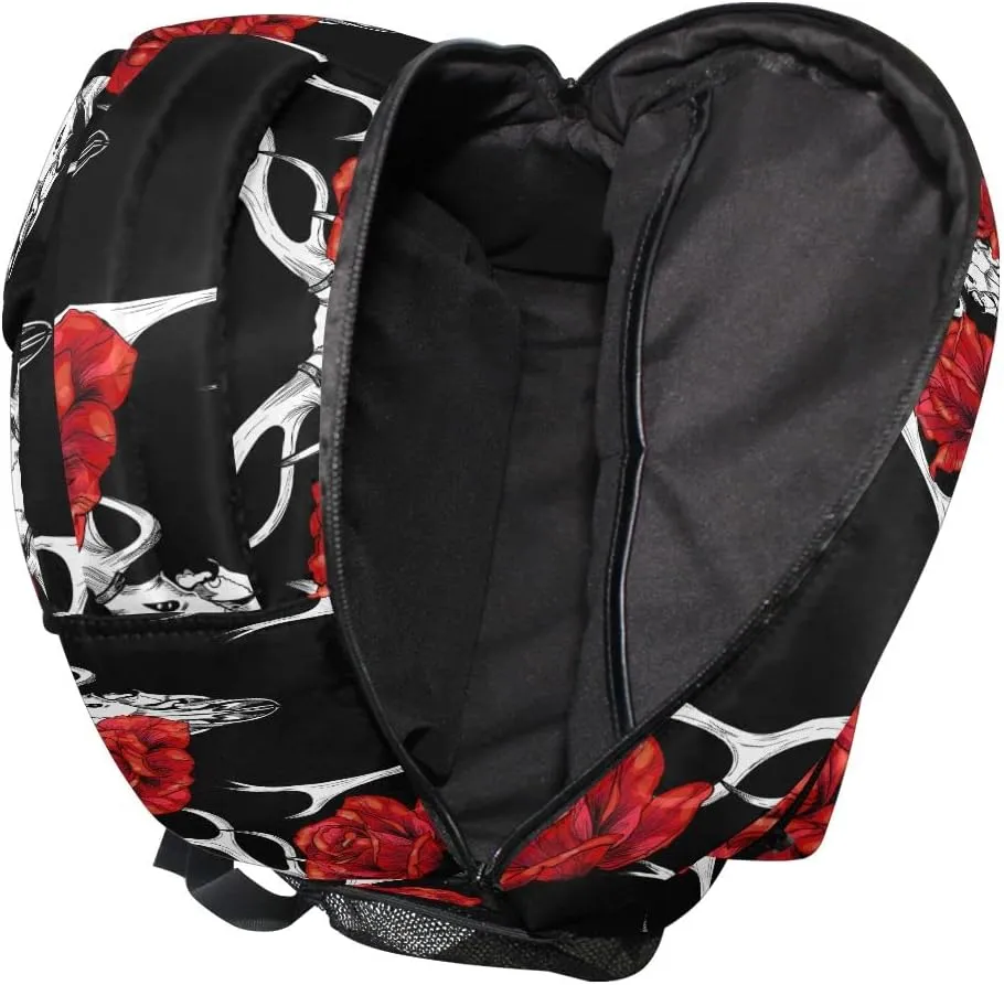 Fisyme Deer Skull Red Roses Backpack Laptop Bag Daypack Travel Hiking School Backpacks for Men Women Kids Girls Boys