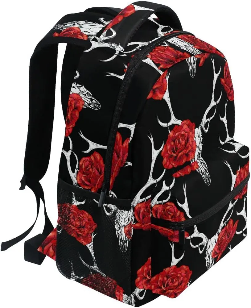 Fisyme Deer Skull Red Roses Backpack Laptop Bag Daypack Travel Hiking School Backpacks for Men Women Kids Girls Boys