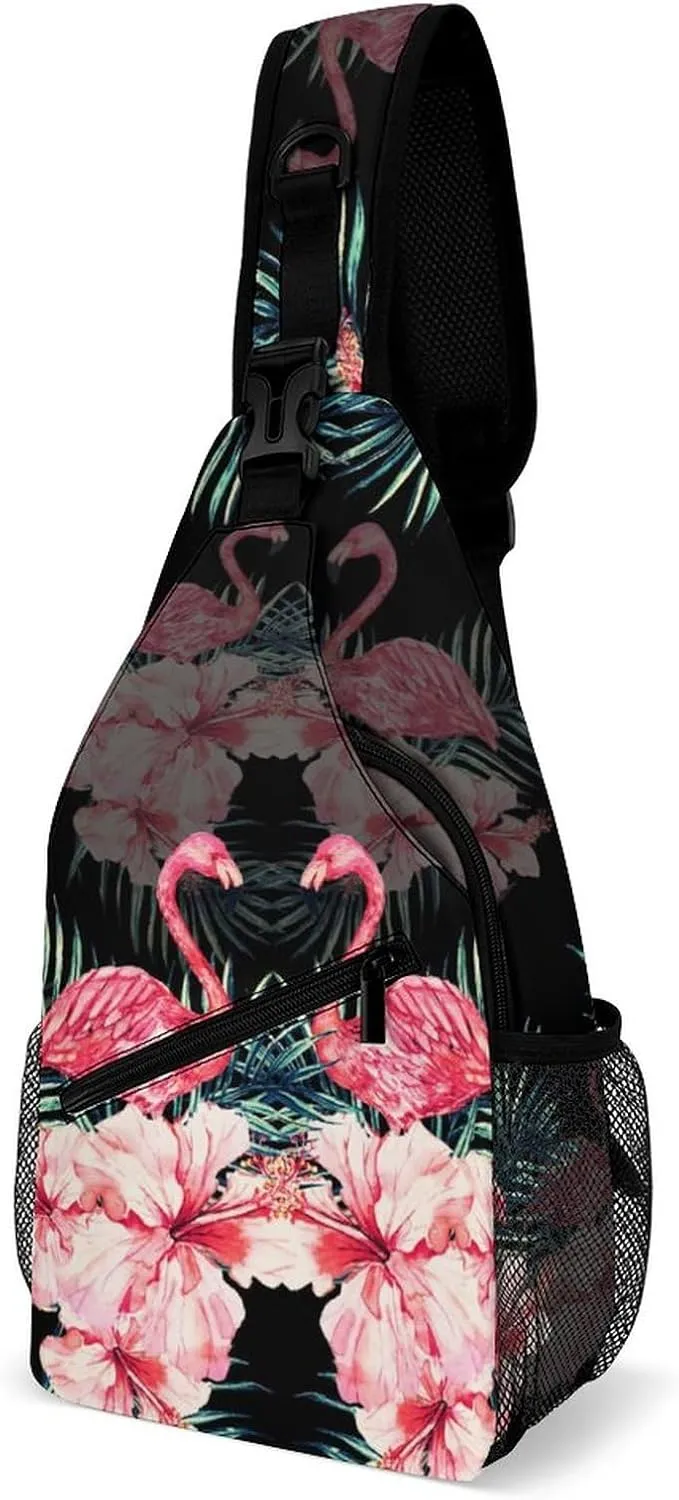 Flamingo Fashionable Floral Sling Bag Crossbody for Women Men Lightweight Adjustable Extender Strap Watercolor Tropic Shoulder Backpack with Water Bottle Holder Casual Daypack for Hiking Travel