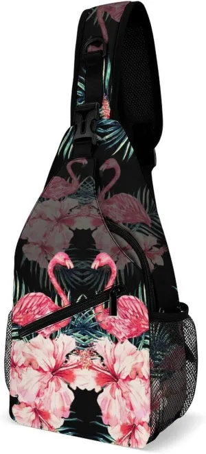 Flamingo Fashionable Floral Sling Bag Crossbody for Women Men Lightweight Adjustable Extender Strap Watercolor Tropic Shoulder Backpack with Water Bottle Holder Casual Daypack for Hiking Travel