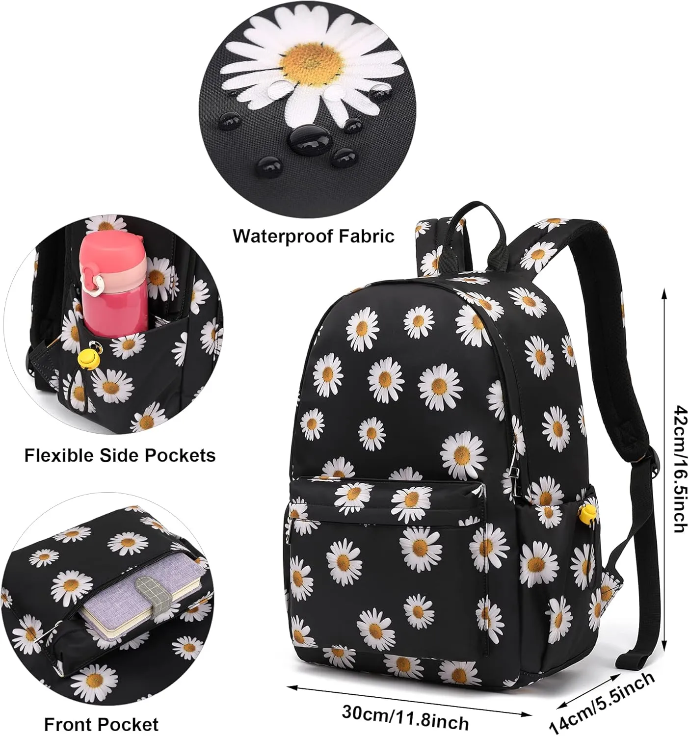 Floral School Backpack for Girls Women, Flower Teens School Bags Bookbags Ladies Laptop Backpacks (Daisy Black)