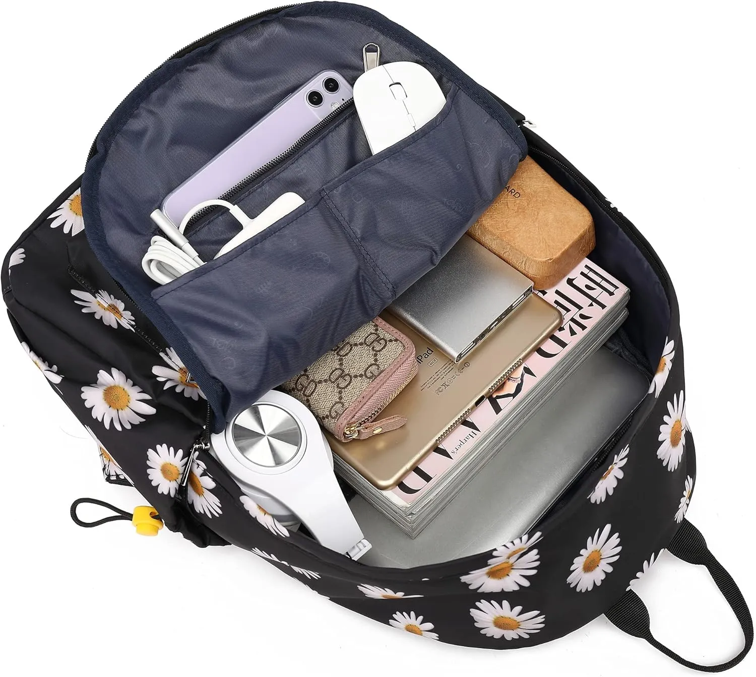 Floral School Backpack for Girls Women, Flower Teens School Bags Bookbags Ladies Laptop Backpacks (Daisy Black)