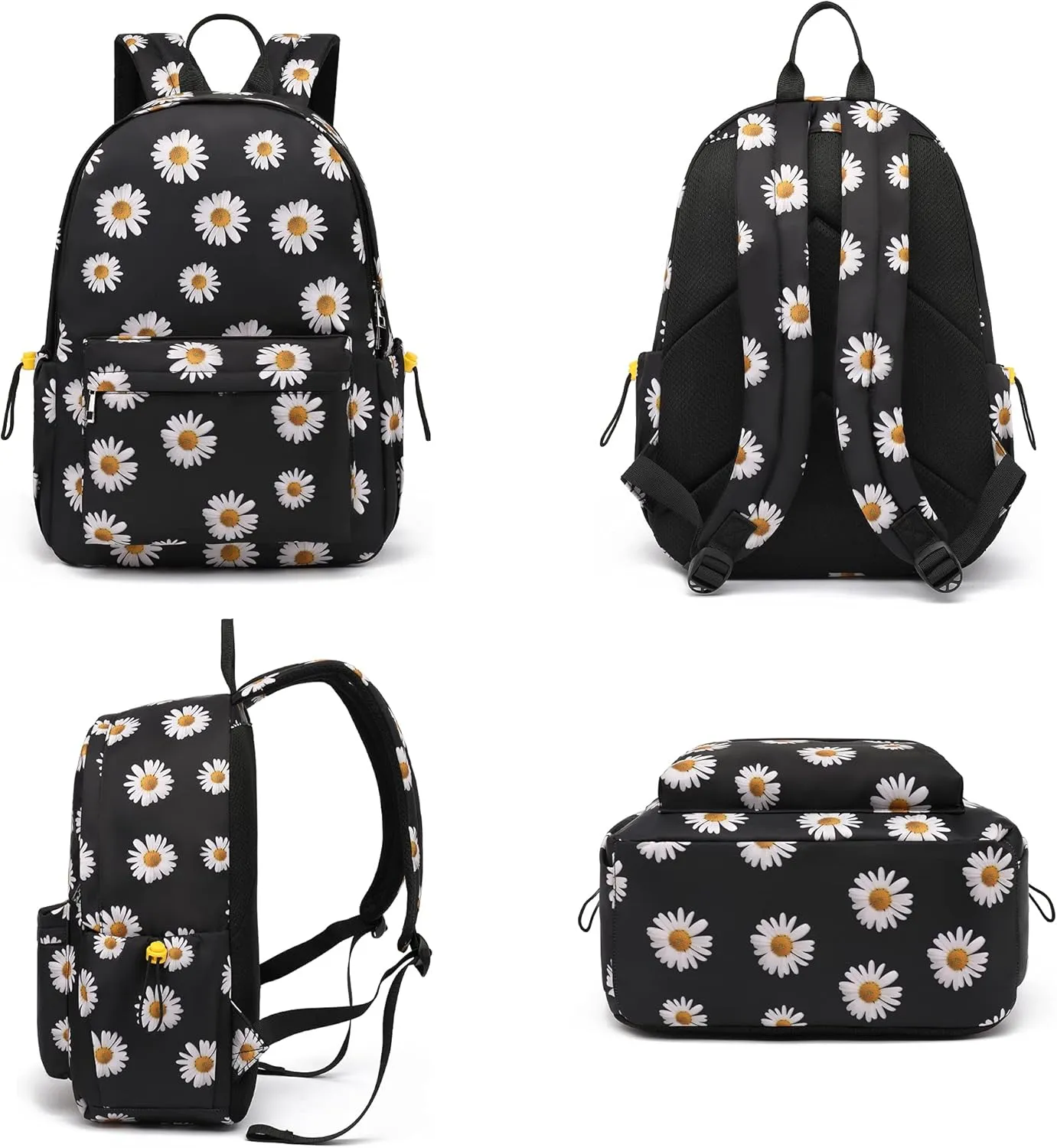 Floral School Backpack for Girls Women, Flower Teens School Bags Bookbags Ladies Laptop Backpacks (Daisy Black)