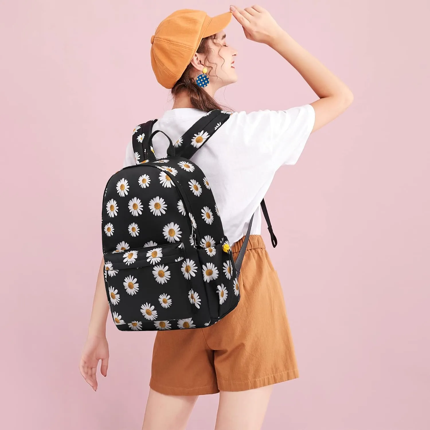 Floral School Backpack for Girls Women, Flower Teens School Bags Bookbags Ladies Laptop Backpacks (Daisy Black)