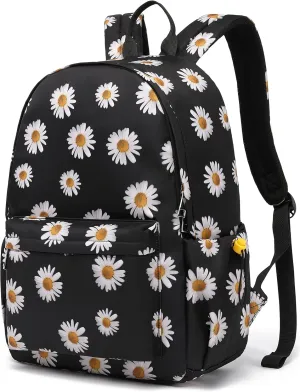 Floral School Backpack for Girls Women, Flower Teens School Bags Bookbags Ladies Laptop Backpacks (Daisy Black)