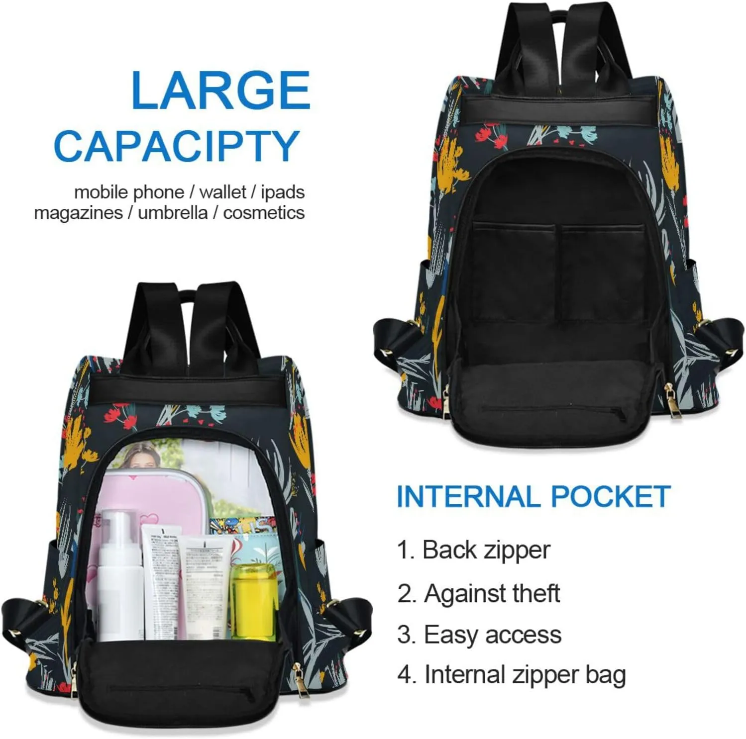 Flower Print Anti-theft Backpack Handbags for Women Travel Rucksack Lightweight Shoulder Bags 13.4 X 5.9 X 15in Pattern 2