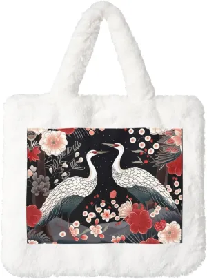 Flying Birds Crane Heron Plush Shoulder Bag Faux Fur Handbag Cute Fuzzy Tote Bag Women Ladies Underarm Bag For Autumn And Winter