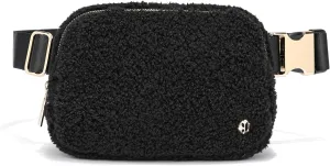 FODOKO Sherpa Belt Bag, Fleece Crossbody Bag Fanny Pack for Women Fashionable Everywhere Waist Bum Bag Pack with Hardware Buckle Black Gold