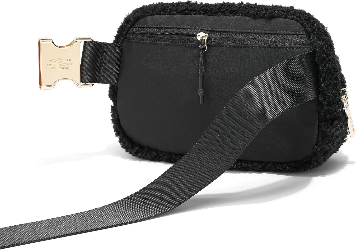 FODOKO Sherpa Belt Bag, Fleece Crossbody Bag Fanny Pack for Women Fashionable Everywhere Waist Bum Bag Pack with Hardware Buckle Black Gold