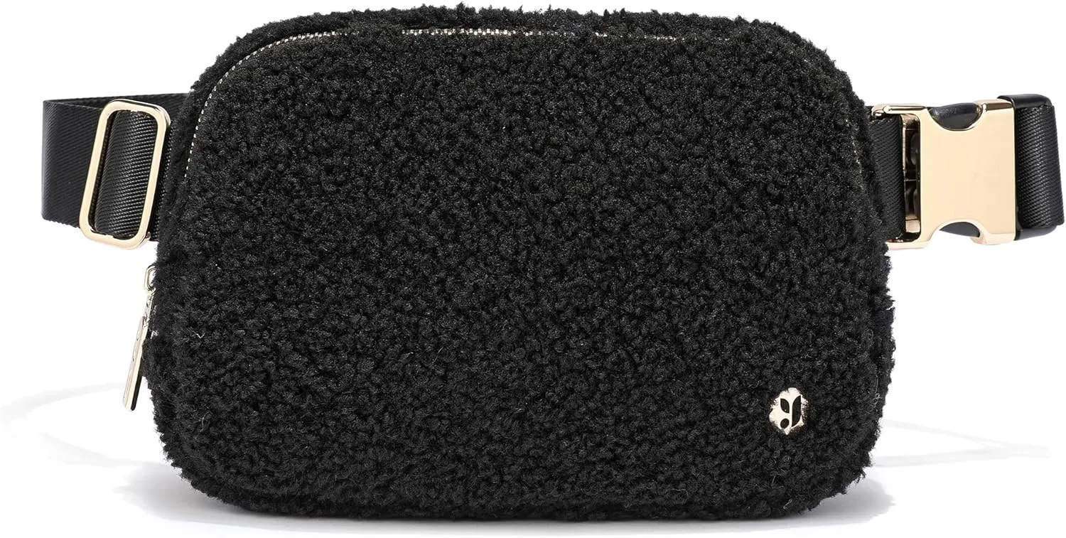 FODOKO Sherpa Belt Bag, Fleece Crossbody Bag Fanny Pack for Women Fashionable Everywhere Waist Bum Bag Pack with Hardware Buckle Black Gold