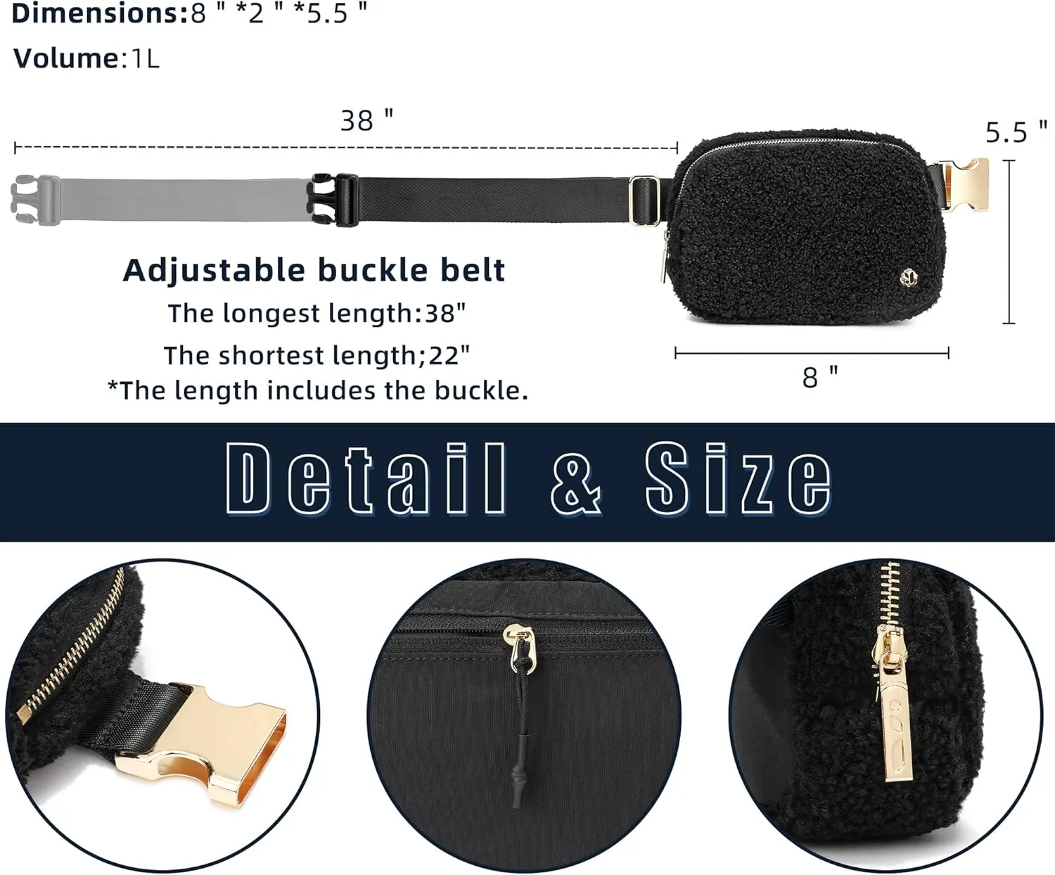 FODOKO Sherpa Belt Bag, Fleece Crossbody Bag Fanny Pack for Women Fashionable Everywhere Waist Bum Bag Pack with Hardware Buckle Black Gold