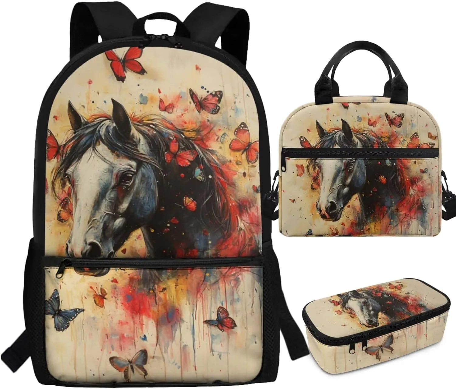 FOR U DESIGNS Horse Backpack for School 3 Pcs Backpacks for Girls 8-10 Cute Kindergarten School Bag with Lunch Box 3rd Grade Book Bags for Classroom Large Capacity
