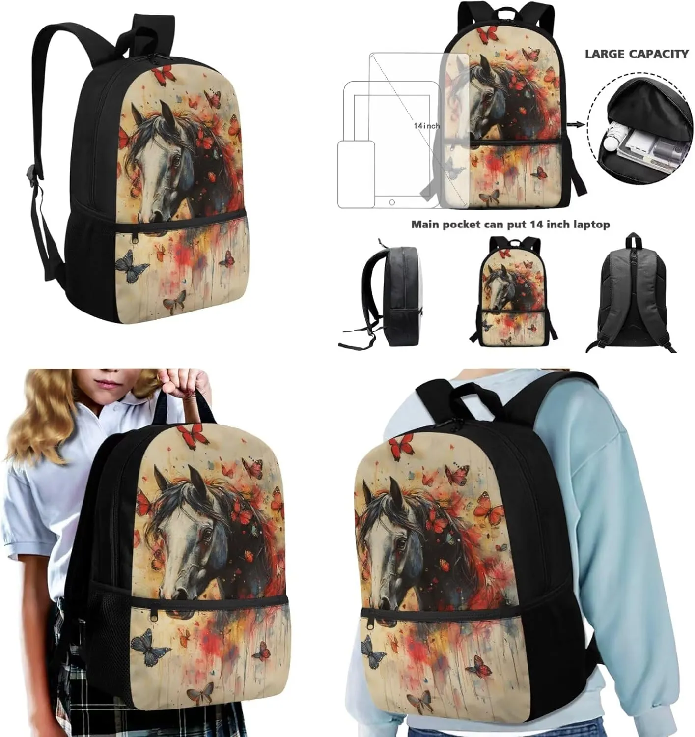 FOR U DESIGNS Horse Backpack for School 3 Pcs Backpacks for Girls 8-10 Cute Kindergarten School Bag with Lunch Box 3rd Grade Book Bags for Classroom Large Capacity