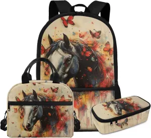 FOR U DESIGNS Horse Backpack for School 3 Pcs Backpacks for Girls 8-10 Cute Kindergarten School Bag with Lunch Box 3rd Grade Book Bags for Classroom Large Capacity