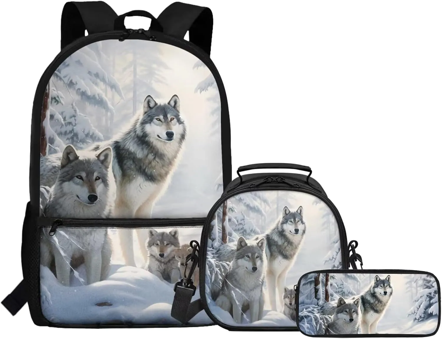 FOR U DESIGNS Wolf Backpacks for School Big Kids Large Capacity Boys Bookbag 8-10 Elementary School Bag 5th Grade Back Pack 17 Inch Mochilas Para Niñas 3 Pcs