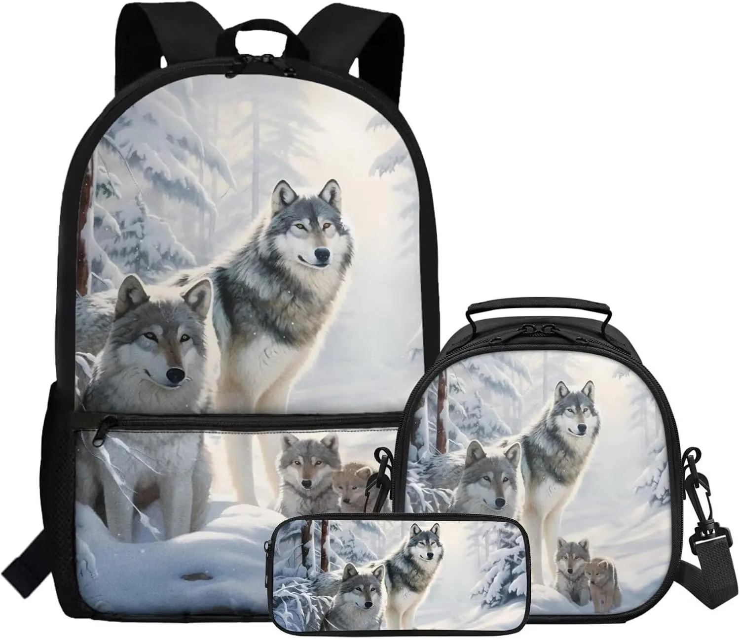 FOR U DESIGNS Wolf Backpacks for School Big Kids Large Capacity Boys Bookbag 8-10 Elementary School Bag 5th Grade Back Pack 17 Inch Mochilas Para Niñas 3 Pcs