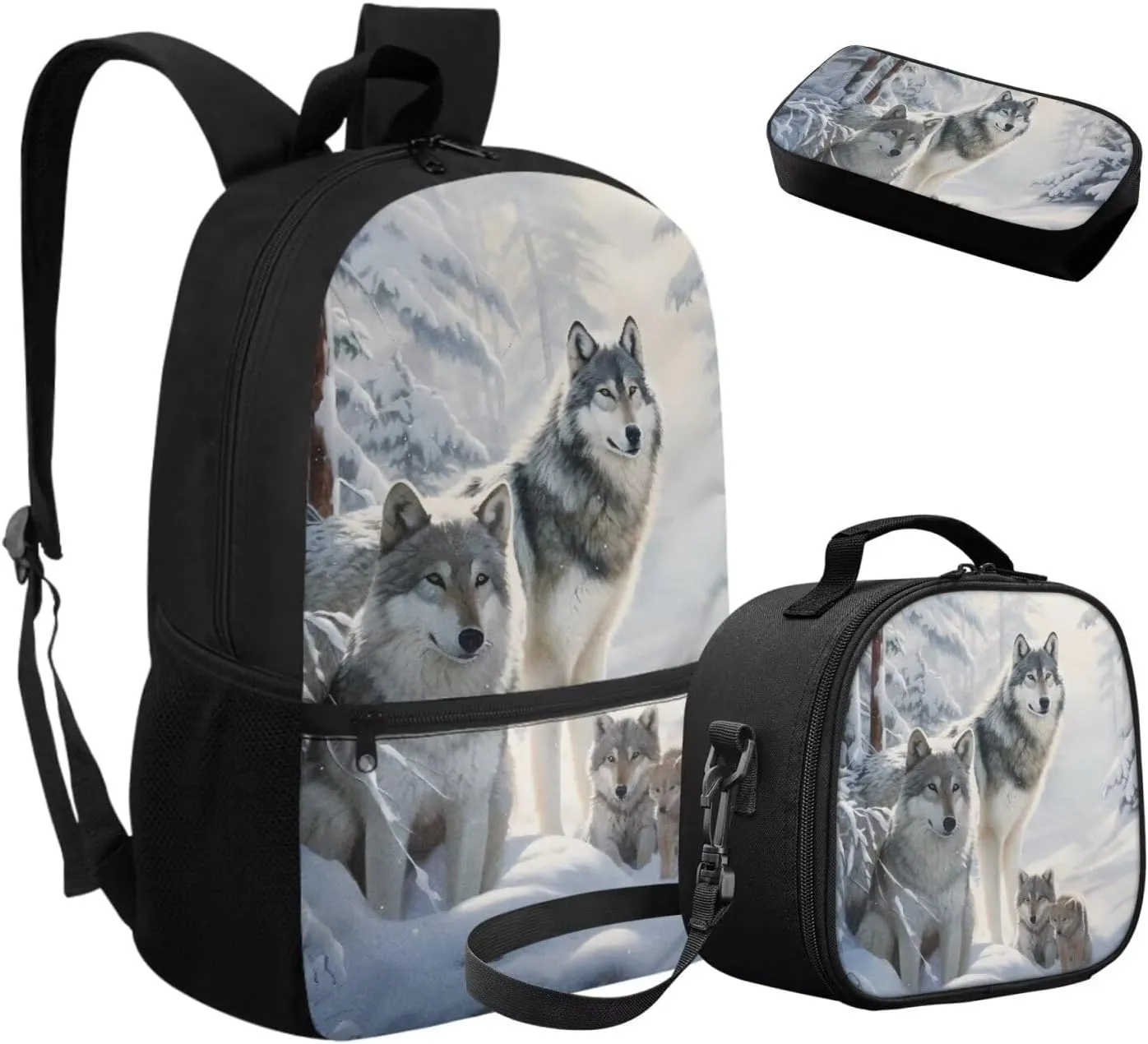 FOR U DESIGNS Wolf Backpacks for School Big Kids Large Capacity Boys Bookbag 8-10 Elementary School Bag 5th Grade Back Pack 17 Inch Mochilas Para Niñas 3 Pcs