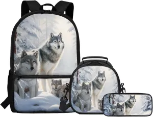 FOR U DESIGNS Wolf Backpacks for School Big Kids Large Capacity Boys Bookbag 8-10 Elementary School Bag 5th Grade Back Pack 17 Inch Mochilas Para Niñas 3 Pcs