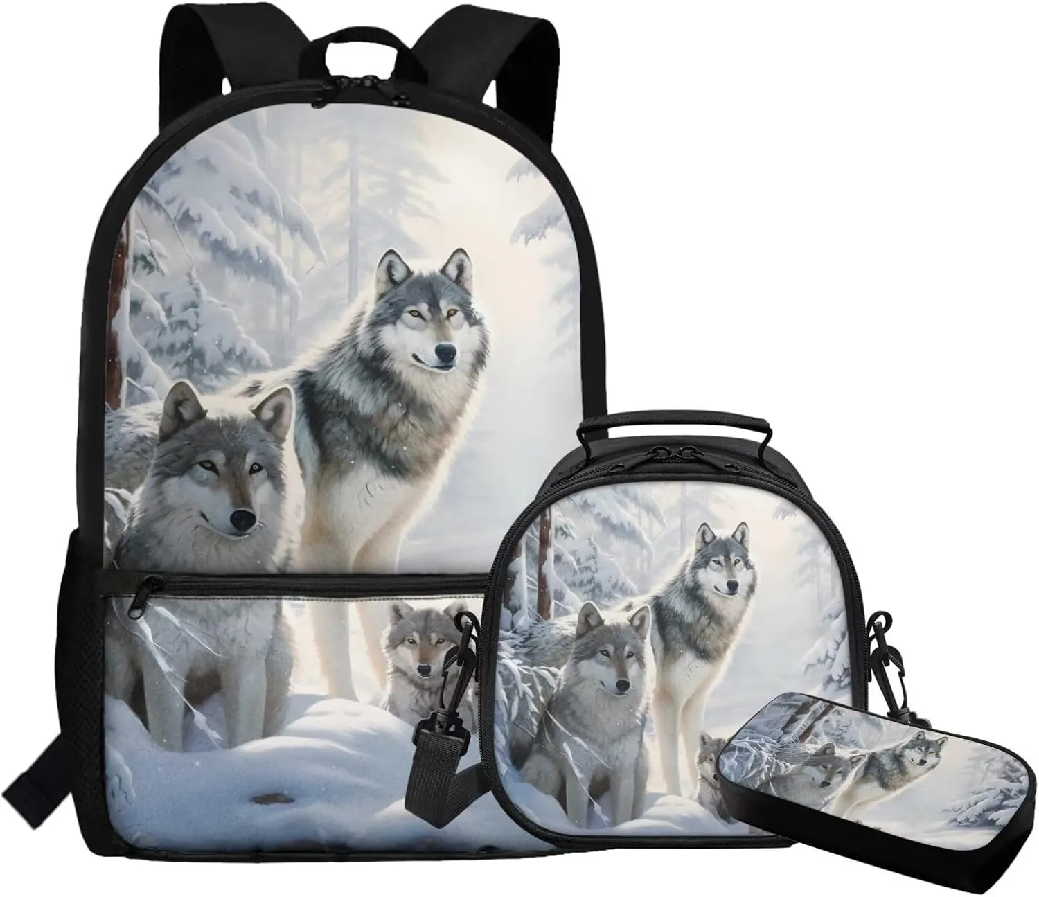 FOR U DESIGNS Wolf Backpacks for School Big Kids Large Capacity Boys Bookbag 8-10 Elementary School Bag 5th Grade Back Pack 17 Inch Mochilas Para Niñas 3 Pcs