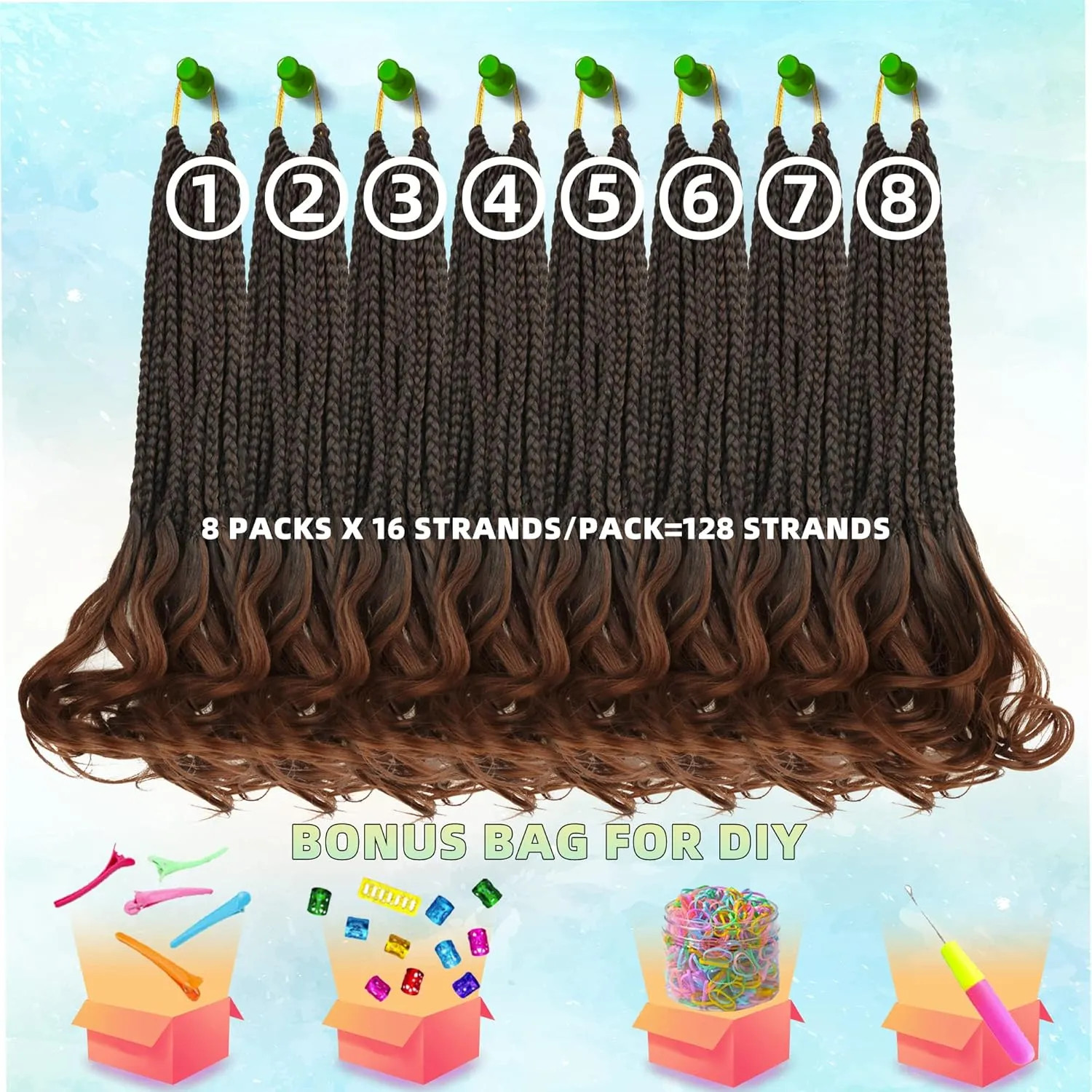French Curl Box Braids Crochet Hair for Black Women-14 Inches 8 Packs Ombre Brown Soft Pre Looped Goddess Box Braiding Hair with Curly Wavy Ends,Synthetic Hair Extensions (14"-8 Packs,T1B/30)