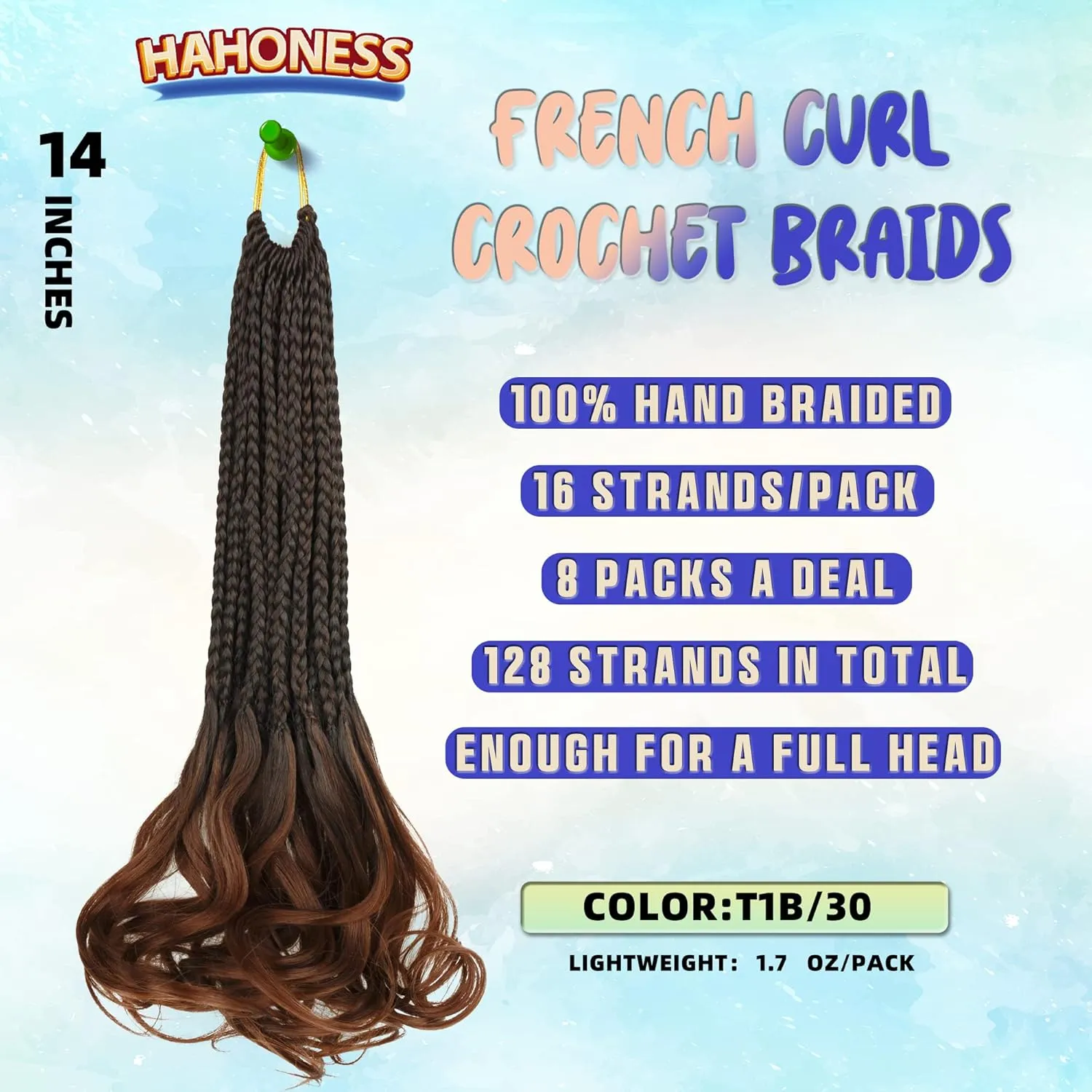 French Curl Box Braids Crochet Hair for Black Women-14 Inches 8 Packs Ombre Brown Soft Pre Looped Goddess Box Braiding Hair with Curly Wavy Ends,Synthetic Hair Extensions (14"-8 Packs,T1B/30)