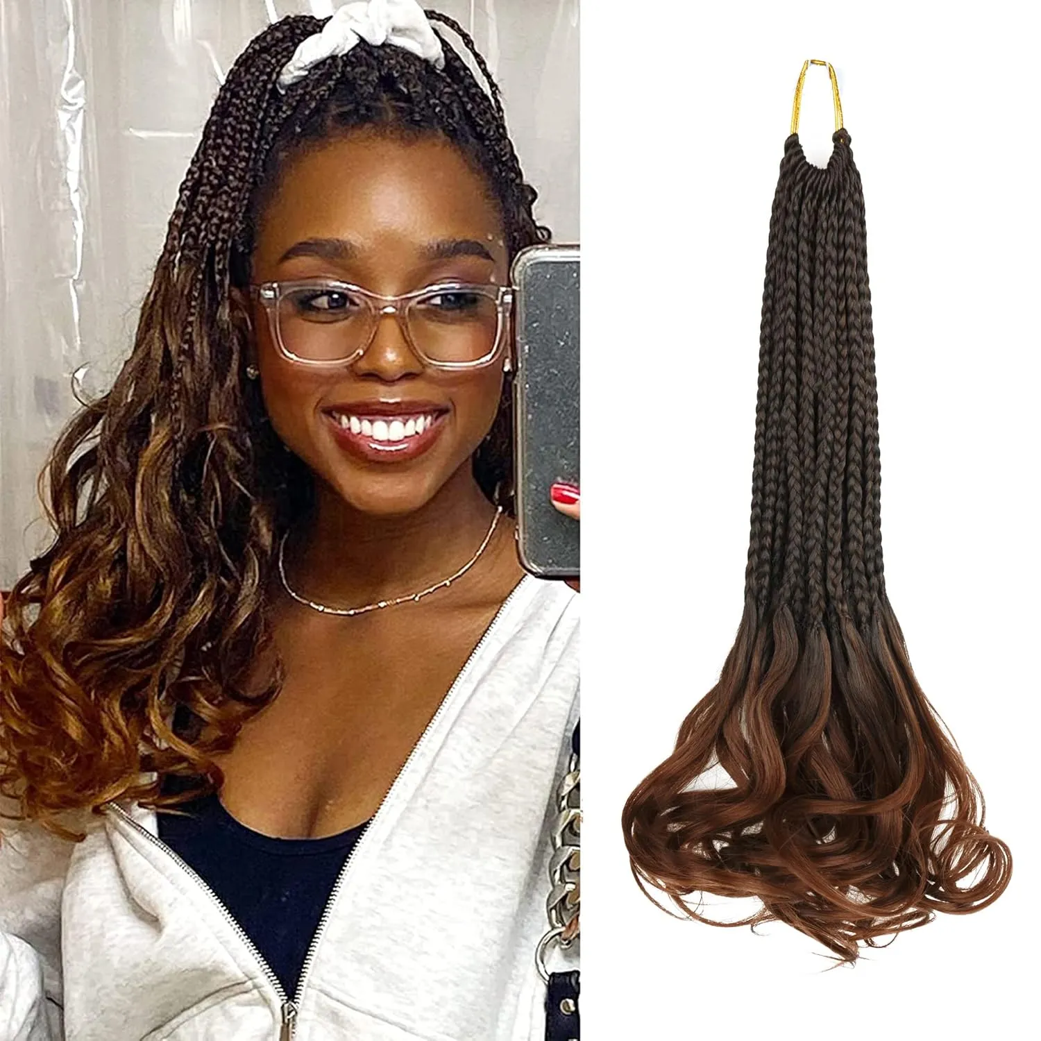 French Curl Box Braids Crochet Hair for Black Women-14 Inches 8 Packs Ombre Brown Soft Pre Looped Goddess Box Braiding Hair with Curly Wavy Ends,Synthetic Hair Extensions (14"-8 Packs,T1B/30)