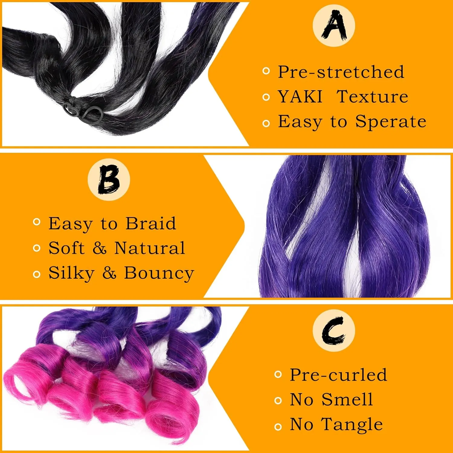 French Curly Braiding Hair 7 Packs 22 Inch Pre Stretched Ombre Braiding Hair Bouncy Loose Wave Crochet Braids for Women Spanish Curly Ends Synthetic Hair Extensions (7 Packs, 1B/Purple/Pink#)