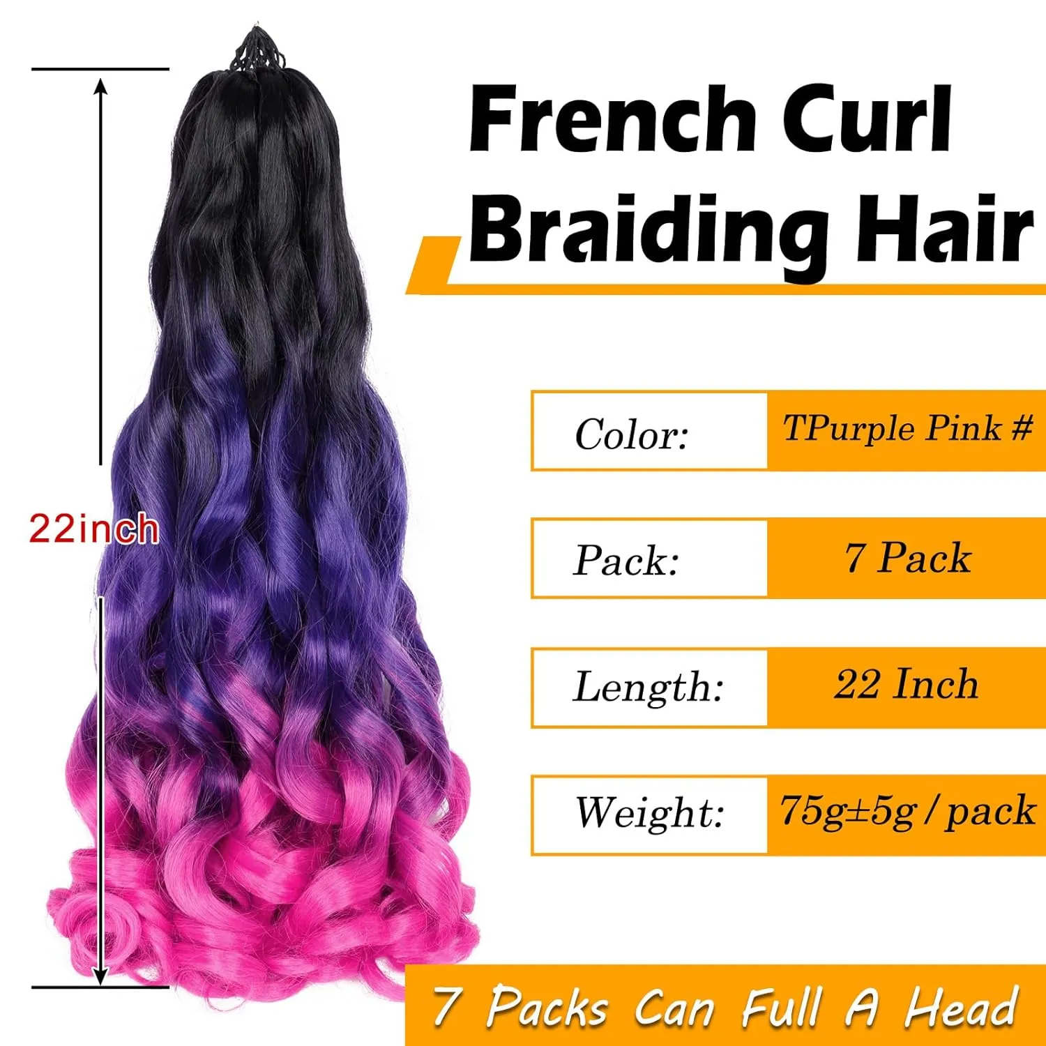 French Curly Braiding Hair 7 Packs 22 Inch Pre Stretched Ombre Braiding Hair Bouncy Loose Wave Crochet Braids for Women Spanish Curly Ends Synthetic Hair Extensions (7 Packs, 1B/Purple/Pink#)
