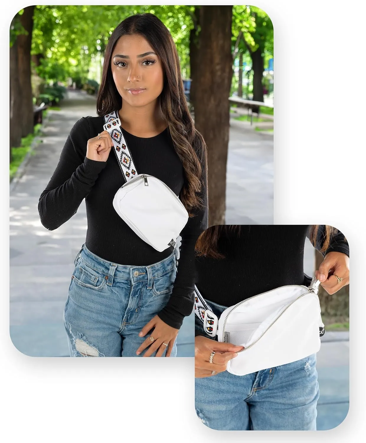 Funky Junque Crossbody Bum Bag Fanny Pack for Women and Girls with Adjustable Straps and Pockets - Aztec Strap - White