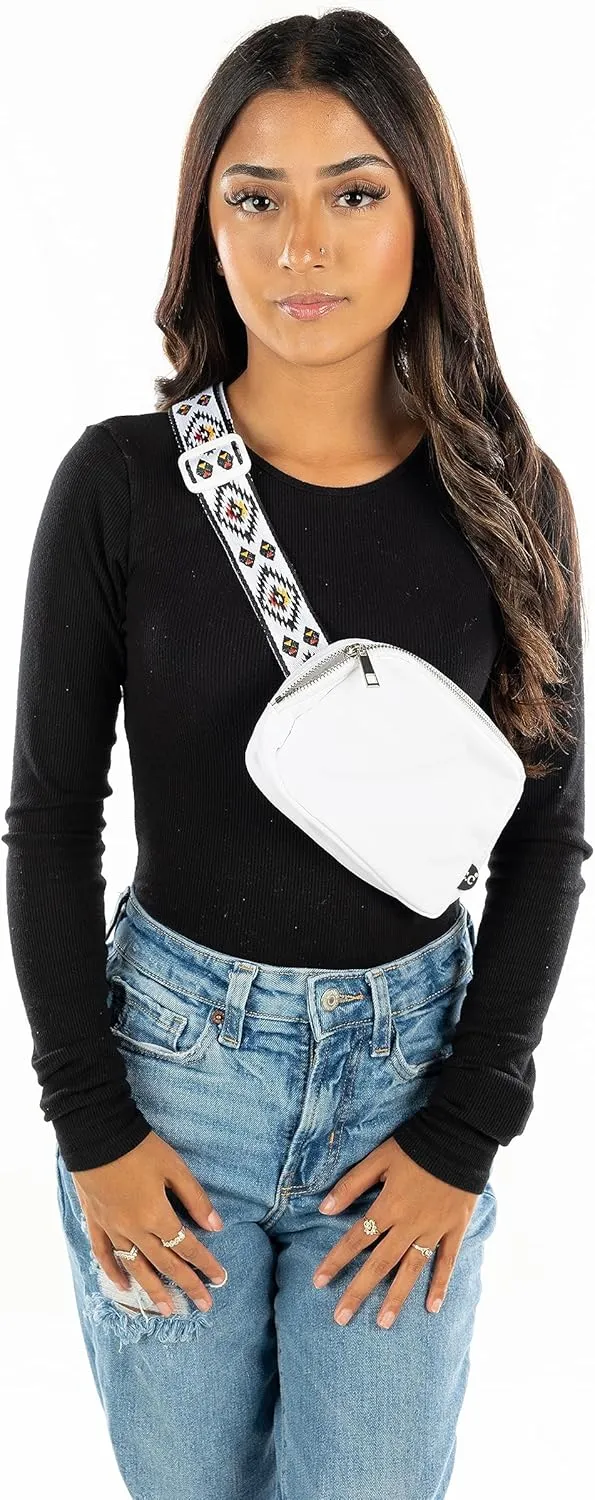 Funky Junque Crossbody Bum Bag Fanny Pack for Women and Girls with Adjustable Straps and Pockets - Aztec Strap - White