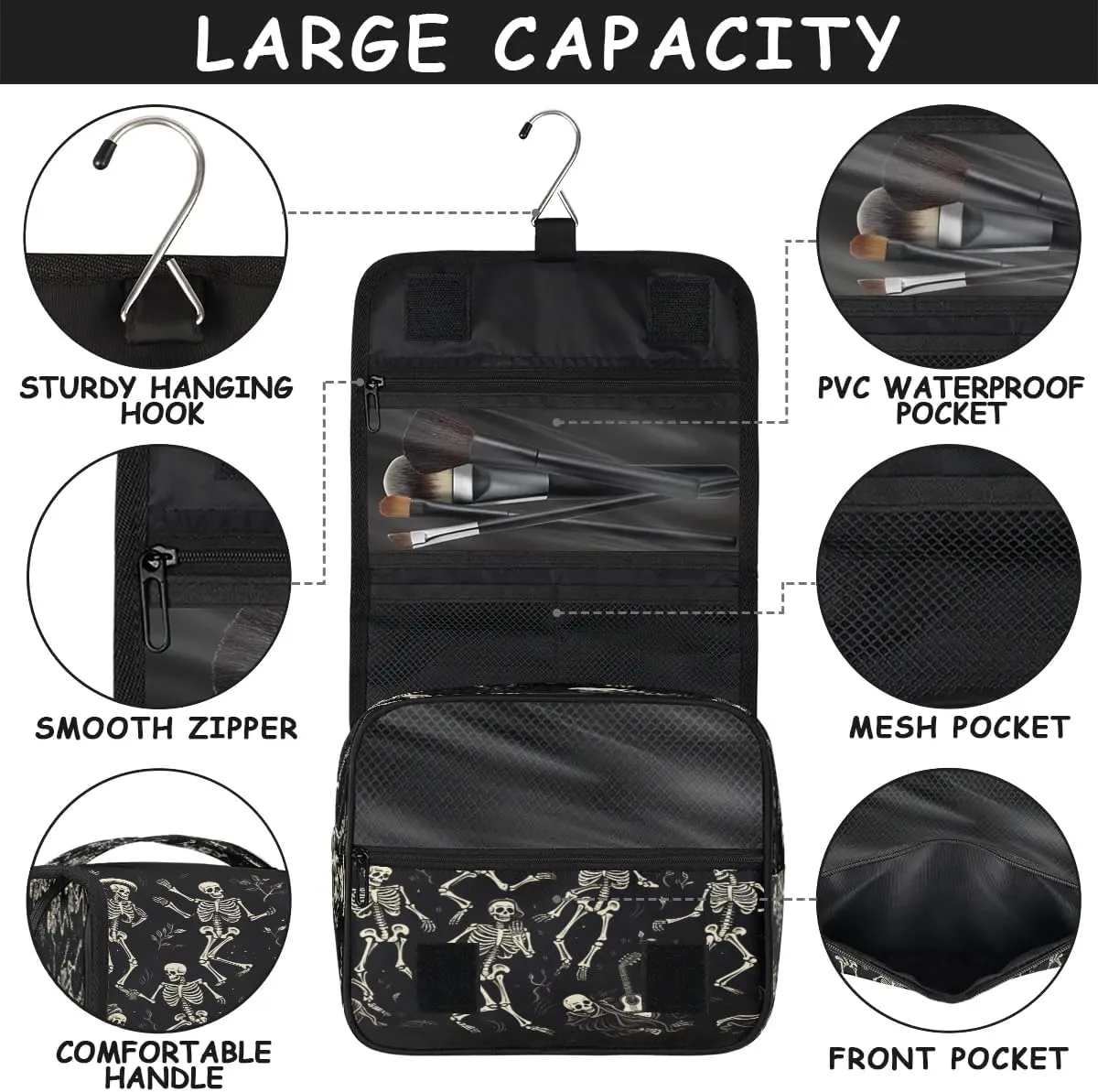 Funny Skull Skeleton Hanging Toiletry Bag for Women Travel Makeup Bag Cosmetic Organizer Travel Toiletries Bag for Men