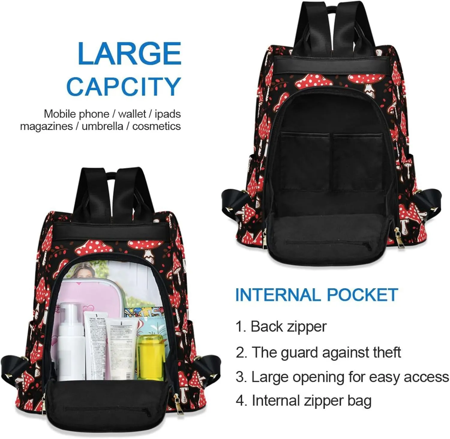 Fustylead Amazing Amanita Red Mushroom Women Backpack Purse Anti-theft Travel Backpack Fashion Shoulder Handbag