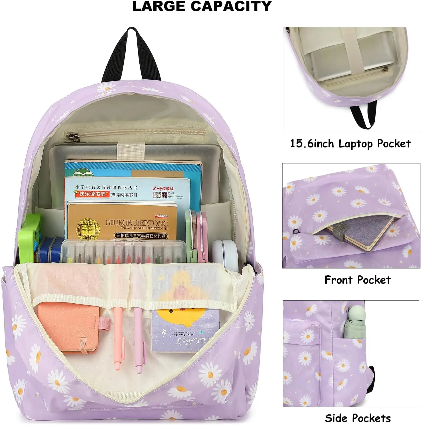 Fuyicat Flowers School Backpack for Girls, Kids Teens Elementary Middle School Bag Women College Bookbag Laptop Backpacks (Daisy Purple)
