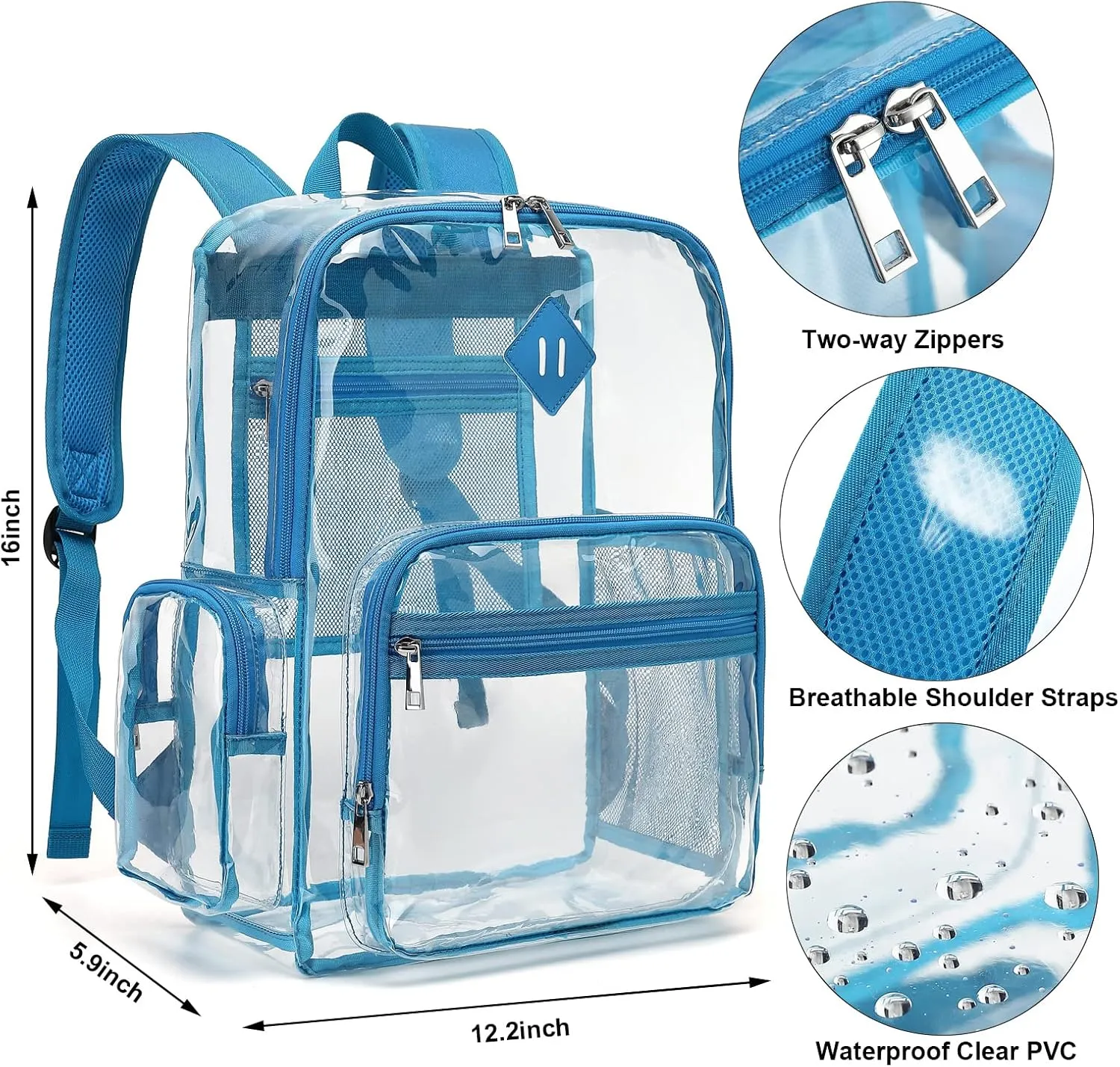 Fuyicat Heavy Duty Clear Backpack for Girls Boys Women Men, PVC Transparent School Backpacks See Through College Bookbag (Blue)