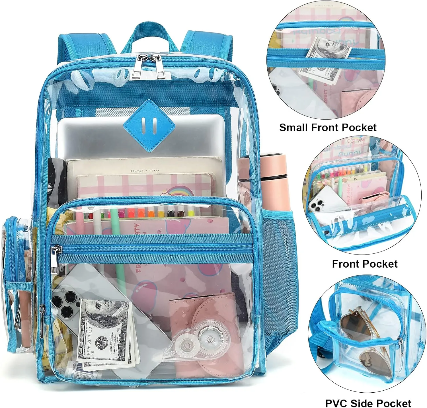 Fuyicat Heavy Duty Clear Backpack for Girls Boys Women Men, PVC Transparent School Backpacks See Through College Bookbag (Blue)