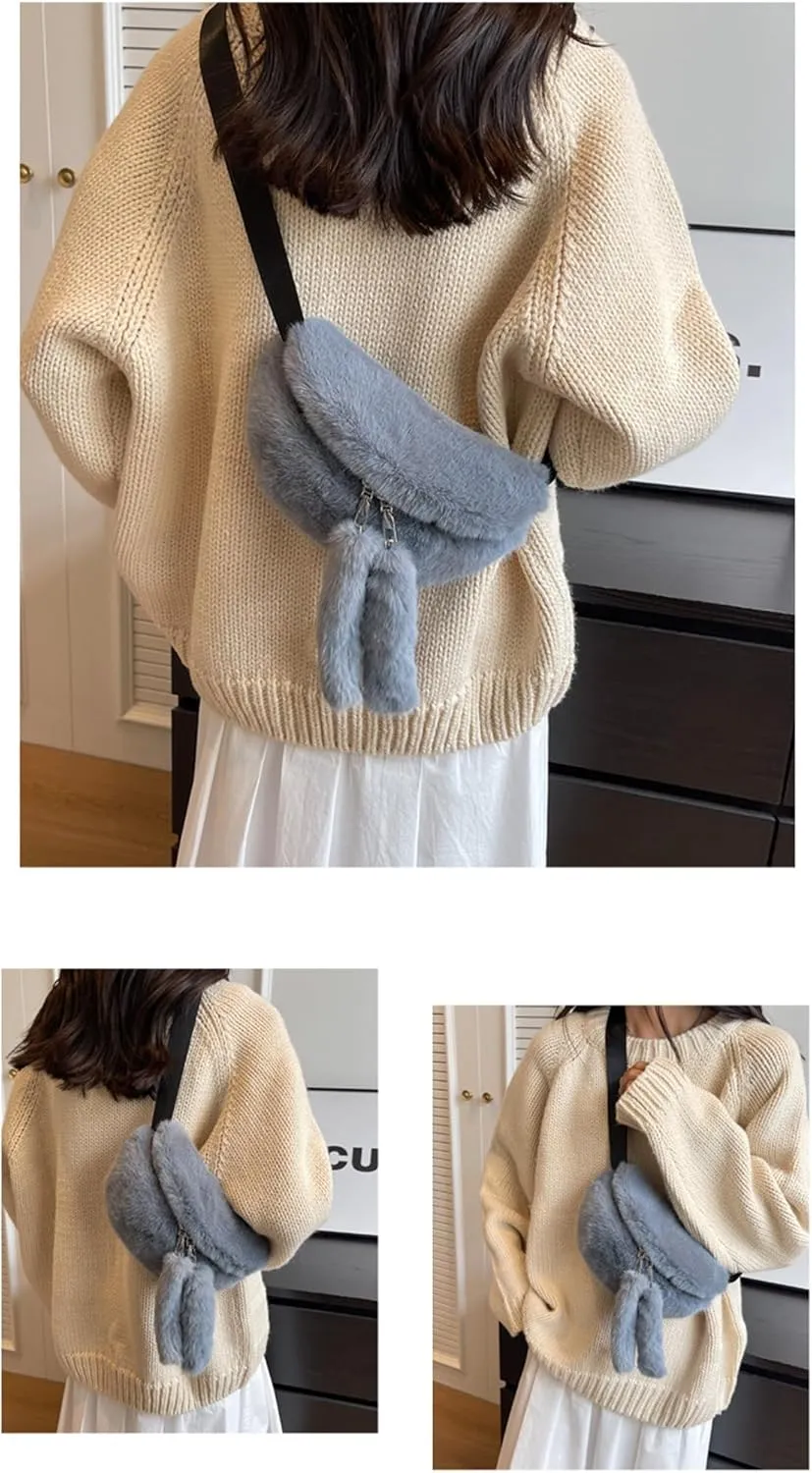 Fuzzy Fanny Pack for Women Faux Fur Belt Bum Bag with Adjustable Strap Waist Pouch Casual Crossbody Purse for Travel